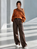 Women's Retro American-Style Elegant Off-Shoulder Loose-Fit Sweater With Leopard Print Panel ZMZ0925J2ZYY