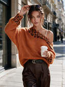 Women's Retro American-Style Elegant Off-Shoulder Loose-Fit Sweater With Leopard Print Panel ZMZ0925J2ZYY