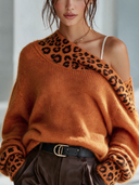 Women's Retro American-Style Elegant Off-Shoulder Loose-Fit Sweater With Leopard Print Panel ZMZ0925J2ZYY