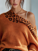 Women's Retro American-Style Elegant Off-Shoulder Loose-Fit Sweater With Leopard Print Panel ZMZ0925J2ZYY
