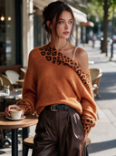 Women's Retro American-Style Elegant Off-Shoulder Loose-Fit Sweater With Leopard Print Panel ZMZ0925J2ZYY