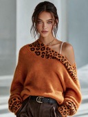 Women's Retro American-Style Elegant Off-Shoulder Loose-Fit Sweater With Leopard Print Panel ZMZ0925J2ZYY
