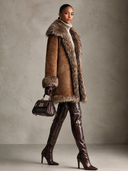 Women's American Retro Style Brown Suede-Look Coat With Faux Fur Collar, Cuffs & Hem Trim ZMZ0995J7ZYY