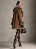 Women's American Retro Style Brown Suede-Look Coat With Faux Fur Collar, Cuffs & Hem Trim ZMZ0995J7ZYY