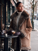 Women's American Retro Style Brown Suede-Look Coat With Faux Fur Collar, Cuffs & Hem Trim ZMZ0995J7ZYY
