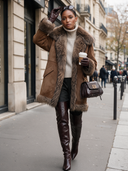 Women's American Retro Style Brown Suede-Look Coat With Faux Fur Collar, Cuffs & Hem Trim ZMZ0995J7ZYY