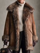 Women's American Retro Style Brown Suede-Look Coat With Faux Fur Collar, Cuffs & Hem Trim ZMZ0995J7ZYY