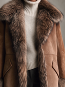 Women's American Retro Style Brown Suede-Look Coat With Faux Fur Collar, Cuffs & Hem Trim ZMZ0995J7ZYY