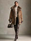 Women's American Retro Style Brown Suede-Look Coat With Faux Fur Collar, Cuffs & Hem Trim ZMZ0995J7ZYY