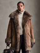 Women's American Retro Style Brown Suede-Look Coat With Faux Fur Collar, Cuffs & Hem Trim ZMZ0995J7ZYY