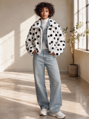 Women's Retro-American White Polka Dot Teddy Fleece Cropped Jacket With Spread Collar And Button Front ZMZ0976J3ZYY