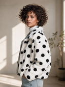 Women's Retro-American White Polka Dot Teddy Fleece Cropped Jacket With Spread Collar And Button Front ZMZ0976J3ZYY