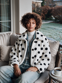 Women's Retro-American White Polka Dot Teddy Fleece Cropped Jacket With Spread Collar And Button Front ZMZ0976J3ZYY
