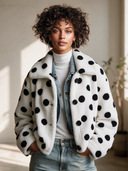 Women's Retro-American White Polka Dot Teddy Fleece Cropped Jacket With Spread Collar And Button Front ZMZ0976J3ZYY