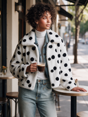 Women's Retro-American White Polka Dot Teddy Fleece Cropped Jacket With Spread Collar And Button Front ZMZ0976J3ZYY