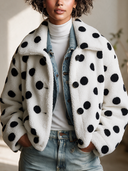 Women's Retro-American White Polka Dot Teddy Fleece Cropped Jacket With Spread Collar And Button Front ZMZ0976J3ZYY