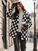 Women's Retro-American Black And White Checkerboard Teddy Fleece Oversized Lapel Coat ZMZ0974J7ZYY