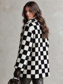 Women's Retro-American Black And White Checkerboard Teddy Fleece Oversized Lapel Coat ZMZ0974J7ZYY