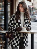 Women's Retro-American Black And White Checkerboard Teddy Fleece Oversized Lapel Coat ZMZ0974J7ZYY