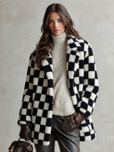 Women's Retro-American Black And White Checkerboard Teddy Fleece Oversized Lapel Coat ZMZ0974J7ZYY