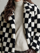 Women's Retro-American Black And White Checkerboard Teddy Fleece Oversized Lapel Coat ZMZ0974J7ZYY