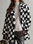 Women's Retro-American Black And White Checkerboard Teddy Fleece Oversized Lapel Coat ZMZ0974J7ZYY