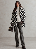 Women's Retro-American Black And White Checkerboard Teddy Fleece Oversized Lapel Coat ZMZ0974J7ZYY