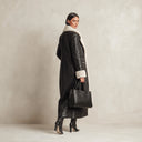 Women's Black Faux Leather And Lambswool Collar Front Opening Coat ZMZ1015J6XT