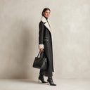 Women's Black Faux Leather And Lambswool Collar Front Opening Coat ZMZ1015J6XT