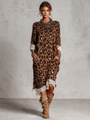 Women's Resort-Style Brown Leopard Print Loose Knit & Lace Midi Dress ZMZ1056J7XT