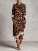 Women's Resort-Style Brown Leopard Print Loose Knit & Lace Midi Dress ZMZ1056J7XT