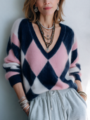 Women's Classic Color-Block Argyle V-Neck Knit Pullover Sweater ZMZ1094J3SWL