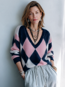 Women's Classic Color-Block Argyle V-Neck Knit Pullover Sweater ZMZ1094J3SWL