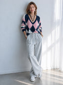 Women's Classic Color-Block Argyle V-Neck Knit Pullover Sweater ZMZ1094J3SWL