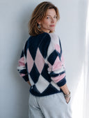 Women's Classic Color-Block Argyle V-Neck Knit Pullover Sweater ZMZ1094J3SWL