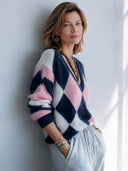 Women's Classic Color-Block Argyle V-Neck Knit Pullover Sweater ZMZ1094J3SWL