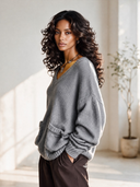 Women's Classic Casual V-Neck Long-Sleeve Loose Sweater With Multiple Pockets ZMZ1017J7ZYY