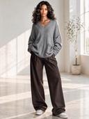 Women's Classic Casual V-Neck Long-Sleeve Loose Sweater With Multiple Pockets ZMZ1017J7ZYY