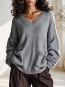 Women's Classic Casual V-Neck Long-Sleeve Loose Sweater With Multiple Pockets ZMZ1017J7ZYY