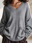 Women's Classic Casual V-Neck Long-Sleeve Loose Sweater With Multiple Pockets ZMZ1017J7ZYY