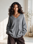 Women's Classic Casual V-Neck Long-Sleeve Loose Sweater With Multiple Pockets ZMZ1017J7ZYY