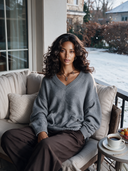 Women's Classic Casual V-Neck Long-Sleeve Loose Sweater With Multiple Pockets ZMZ1017J7ZYY
