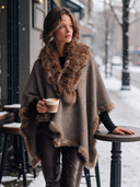 Women's Classic American Retro Style Houndstooth Poncho Cape With Faux Fur Collar And Trim, Open Front Wrap Shawl ZMZ1089J2ZYY