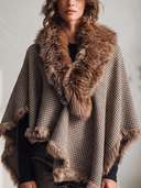 Women's Classic American Retro Style Houndstooth Poncho Cape With Faux Fur Collar And Trim, Open Front Wrap Shawl ZMZ1089J2ZYY