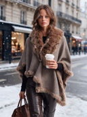 Women's Classic American Retro Style Houndstooth Poncho Cape With Faux Fur Collar And Trim, Open Front Wrap Shawl ZMZ1089J2ZYY