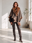 Women's Classic American Retro Style Houndstooth Poncho Cape With Faux Fur Collar And Trim, Open Front Wrap Shawl ZMZ1089J2ZYY