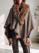 Women's Classic American Retro Style Houndstooth Poncho Cape With Faux Fur Collar And Trim, Open Front Wrap Shawl ZMZ1089J2ZYY