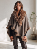 Women's Classic American Retro Style Houndstooth Poncho Cape With Faux Fur Collar And Trim, Open Front Wrap Shawl ZMZ1089J2ZYY