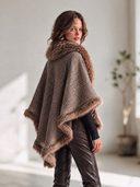 Women's Classic American Retro Style Houndstooth Poncho Cape With Faux Fur Collar And Trim, Open Front Wrap Shawl ZMZ1089J2ZYY