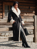 Women's Color-blocked Casual Faux Lamb's Wool Collar Belted Wrap Coat ZMZ1065J4XT
